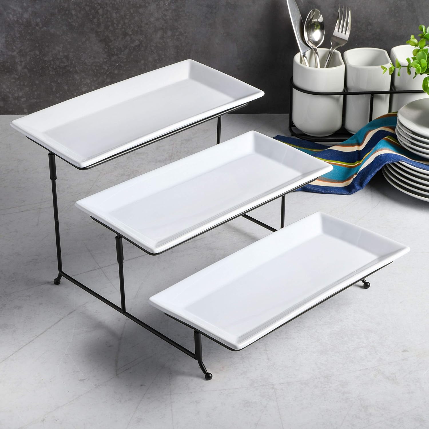 Gibson Home Gracious Dining Dinnerware, 3-Tier Rectangle Plate Set with Metal Stand, White Gibson Home Gracious Dining Dinnerware, 3-Tier Rectangle Plate Set with Metal Stand, White